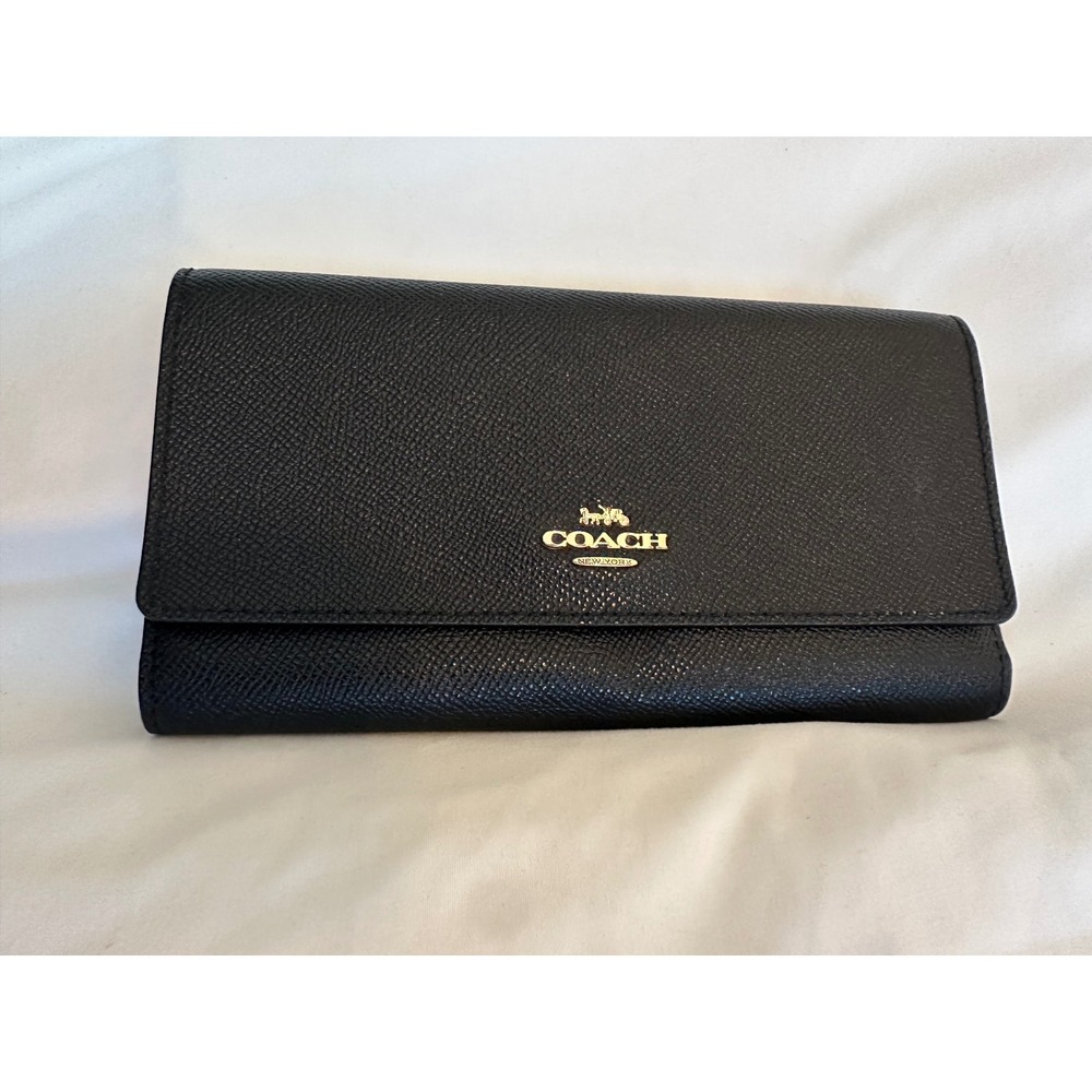 Coach Slim Envelope Wallet‎ Black Crossgrain Leather Gold Logo Tri-Fold Wallet
